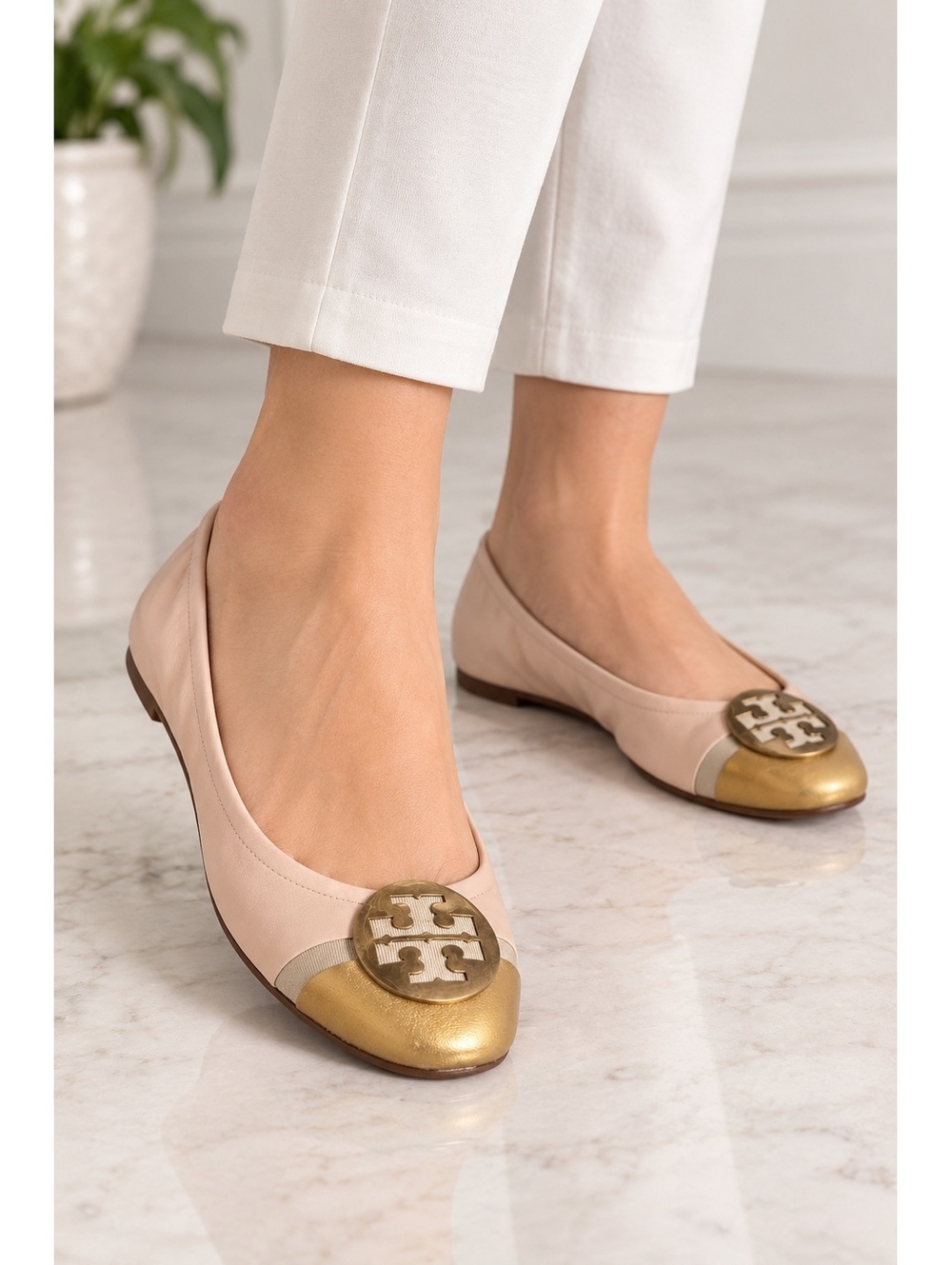 Tory Burch Reva Ballet Flats Blush Pink Gold Leather Shoes Size 9M
